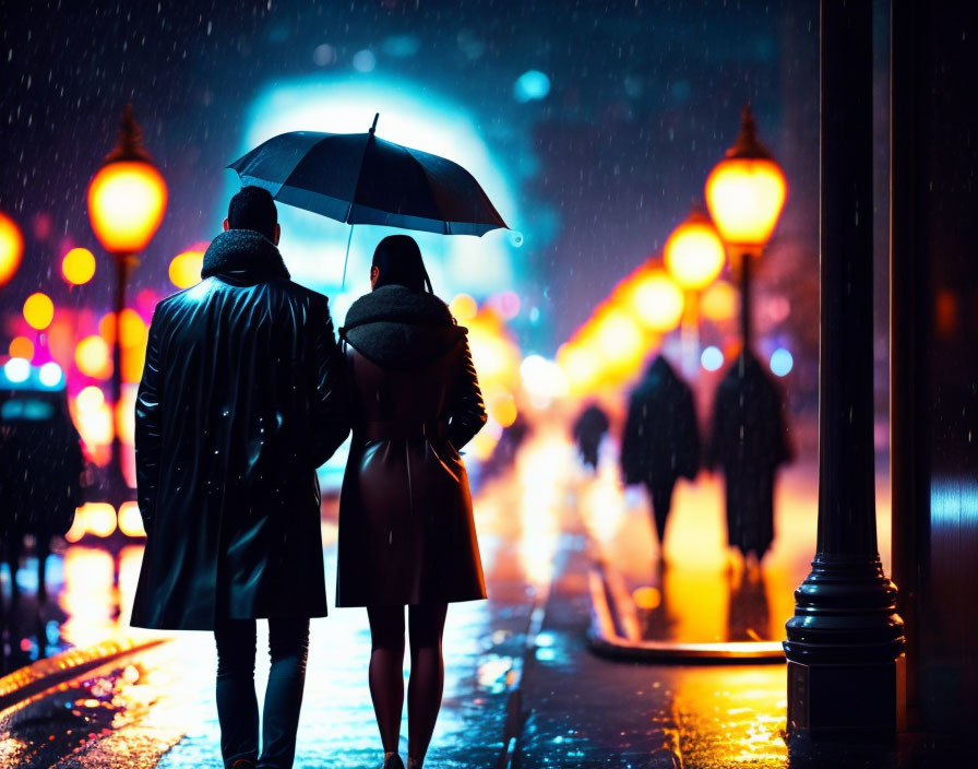 Rainy evening: Two people under umbrella, street lights reflecting on wet pavement