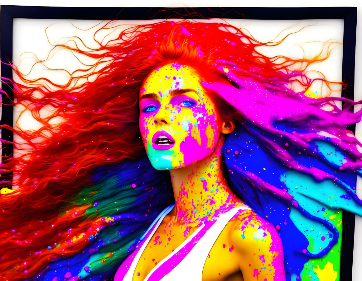 Colorful portrait of woman with flowing red hair splattered in neon paints