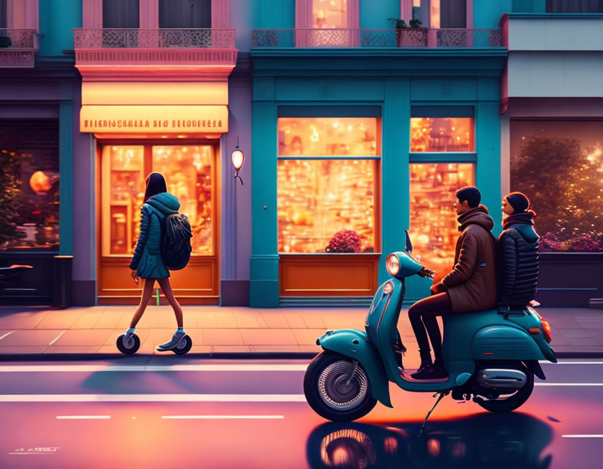 Pedestrians on scooter and skateboard near warmly lit storefront at dusk