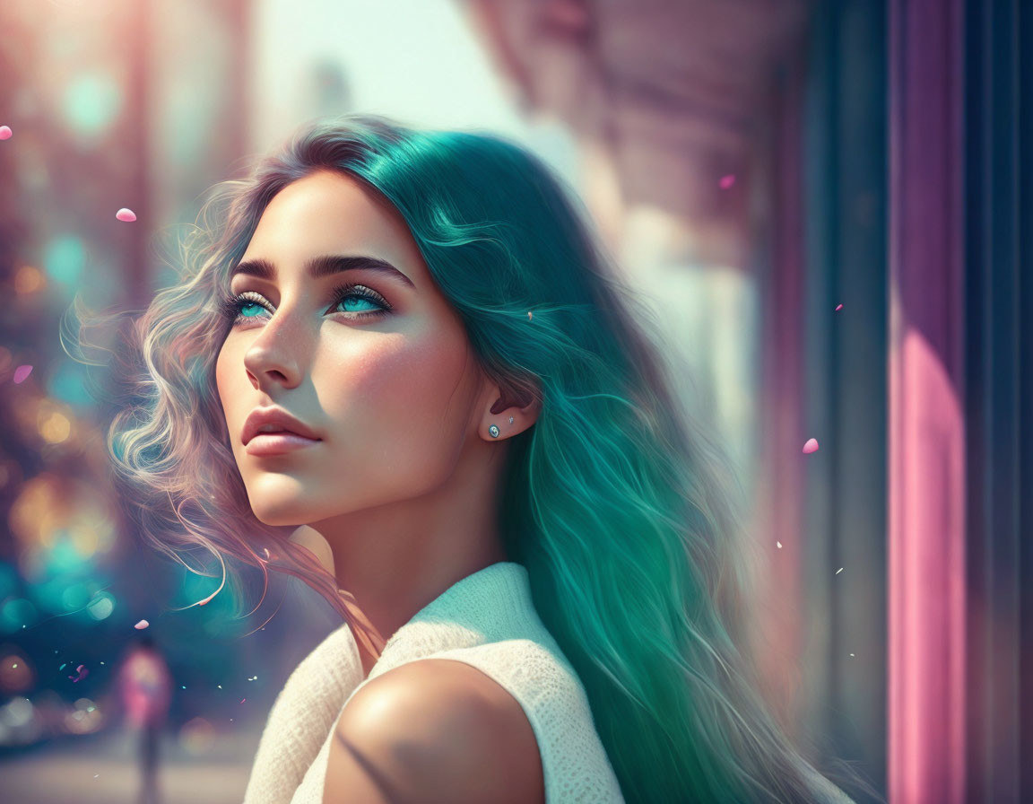 Teal-haired woman in urban setting under sunlight