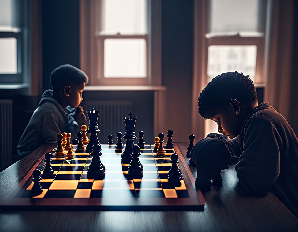 Children playing chess indoors under natural light.