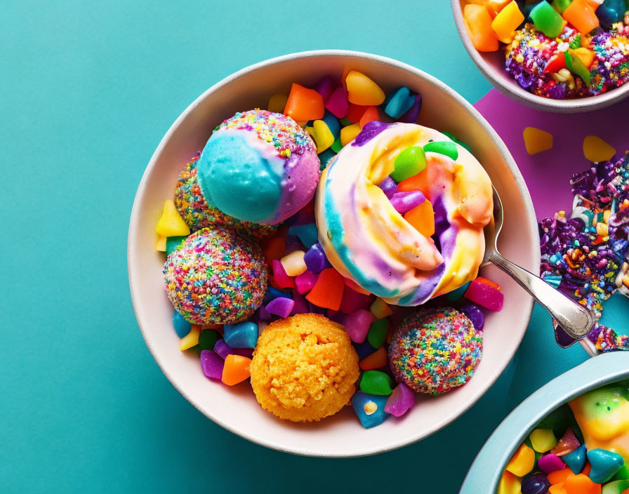 Colorful sweets and ice cream with sprinkles on teal background