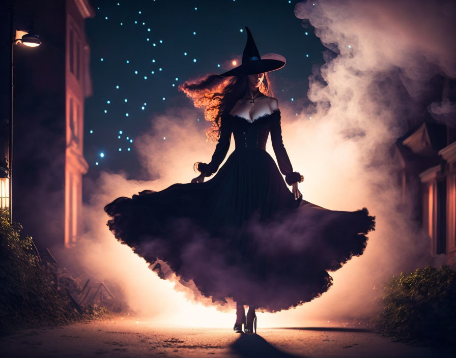 Silhouetted witch figure in billowing dress and pointed hat against starry night.