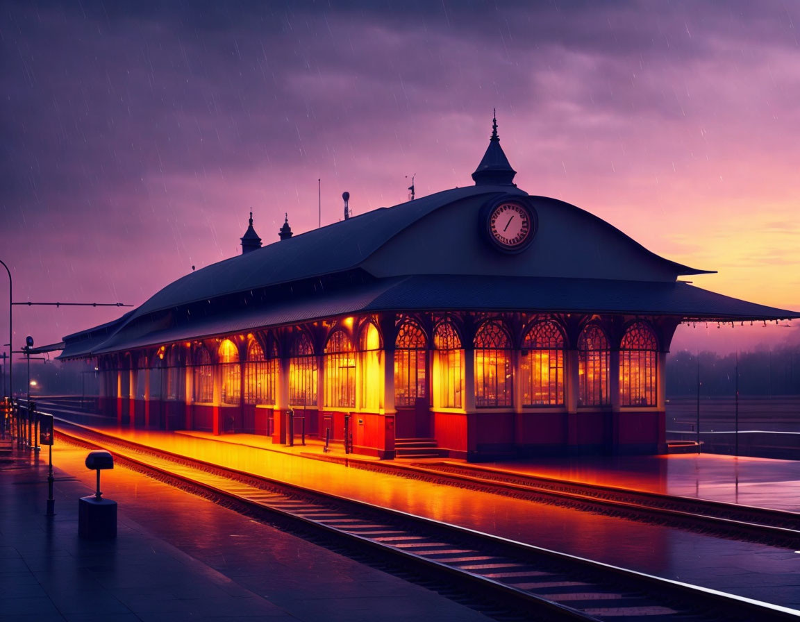 Twilight train station with warm interior lights, rainy weather, purple sky