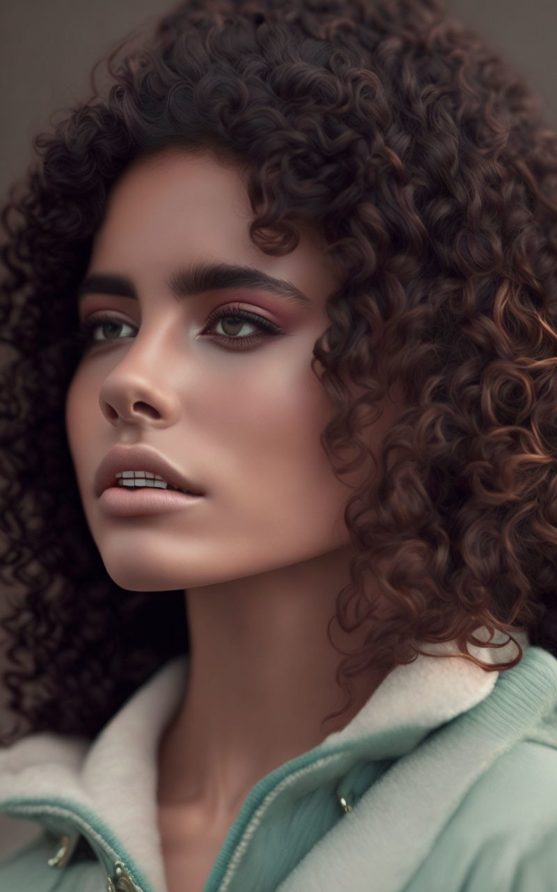 Portrait of person with voluminous curly hair, striking brown eyes, and pastel-colored jacket.