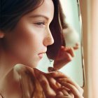 Dark-haired woman reflecting on life through window reflection