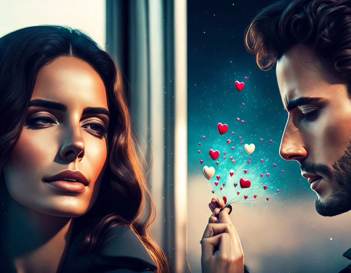 Stylized portrait of woman and man with floating hearts, hinting at romantic tension.