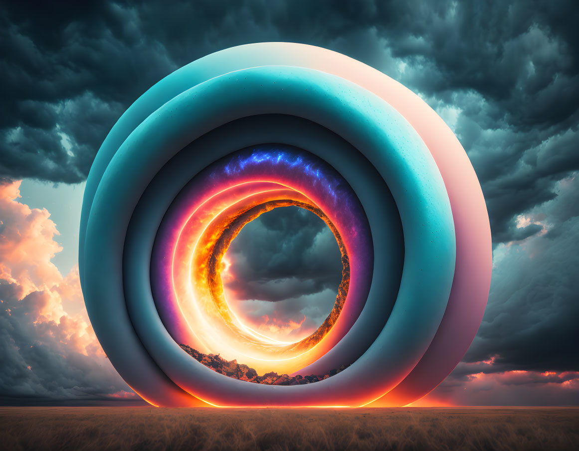 Multicolored concentric rings above barren landscape at sunset