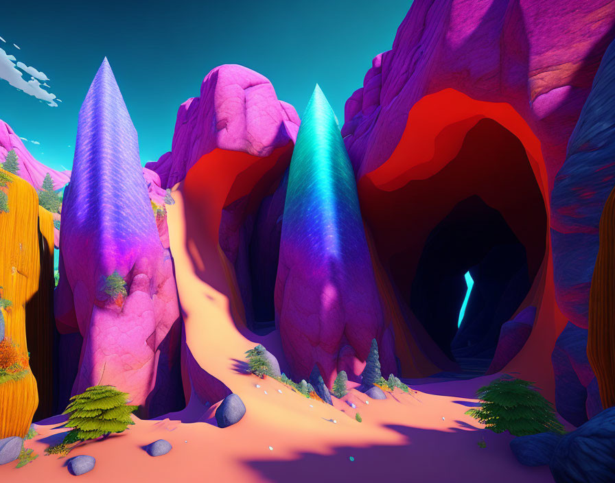 Colorful Digital Landscape with Stylized Crystalline Formations and Sand Pathway