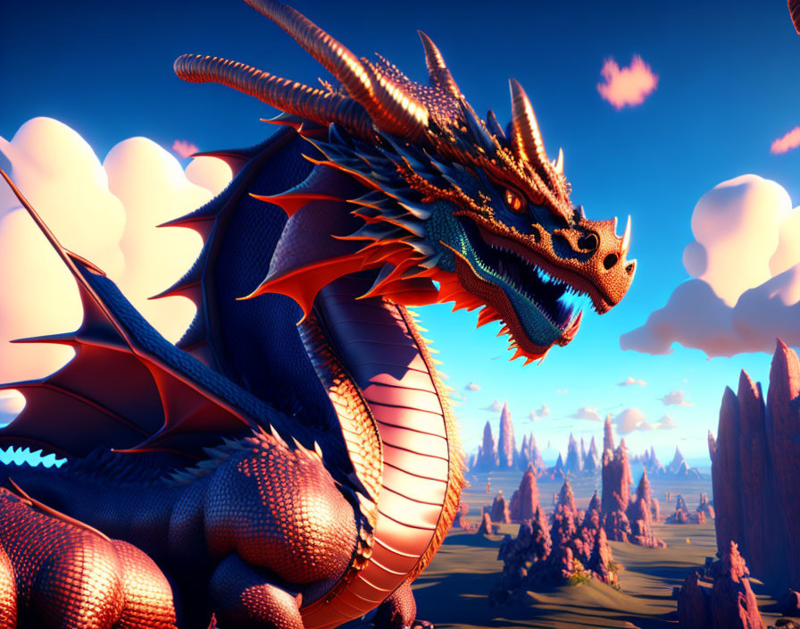 Majestic 3D-rendered dragon in blue and orange scales flying over fantasy landscape