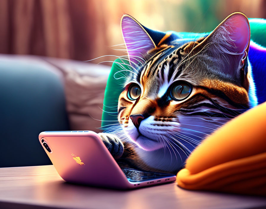 Captivated cat with striking eyes on cozy couch with smartphone