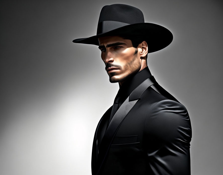 Serious man in black suit and wide-brimmed hat with strong jawline on gray background