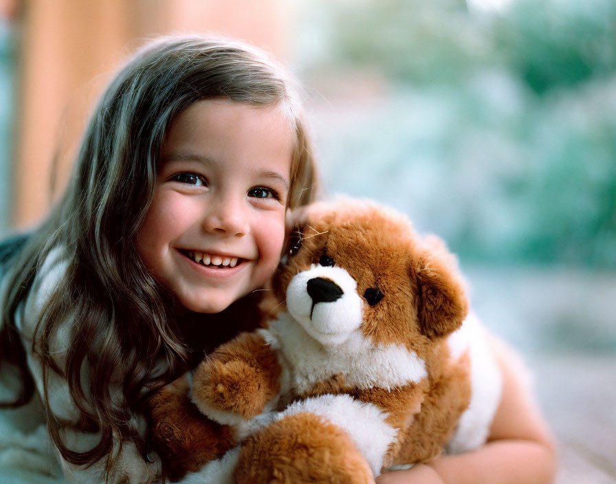 Young girl with long wavy hair hugging teddy bear in a blurred background