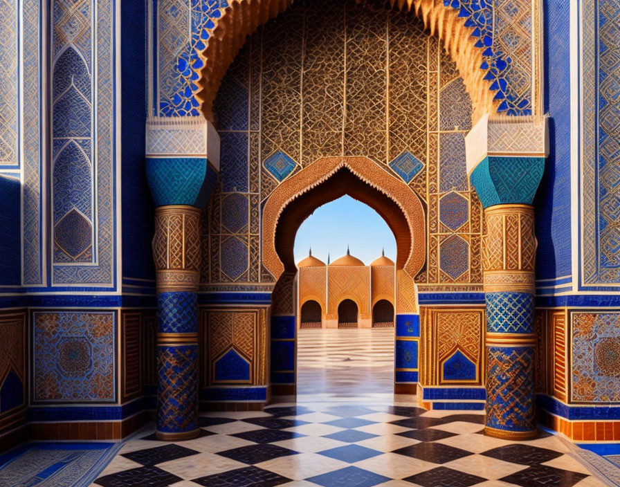 Ornate Blue Tile Archway Leading to Symmetrical Corridor