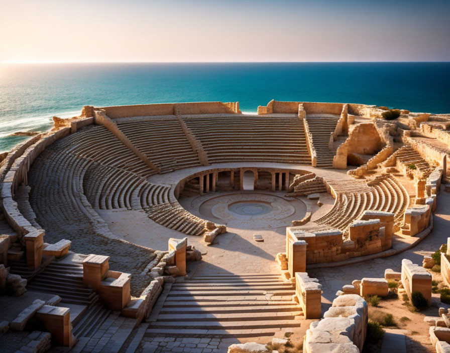 Ancient amphitheater by the sea at sunset