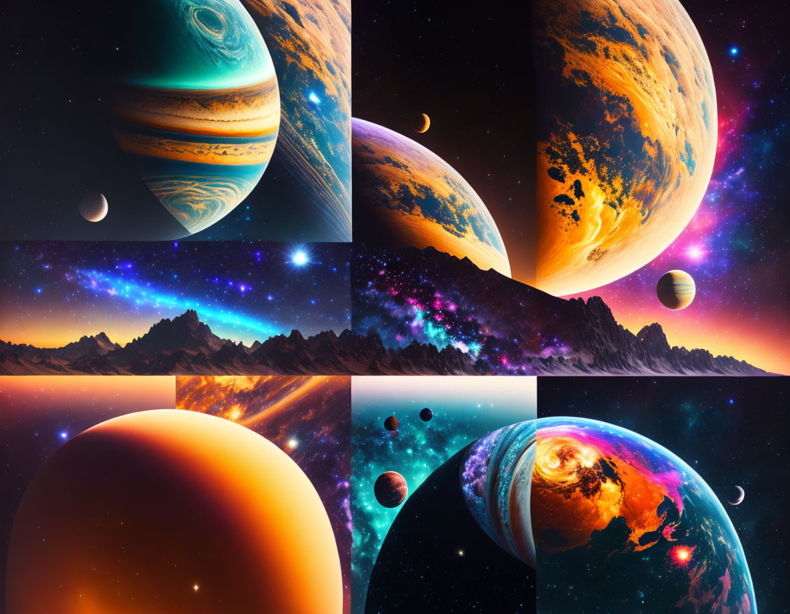 Vibrant space collage with planets, moons, and cosmic backdrops