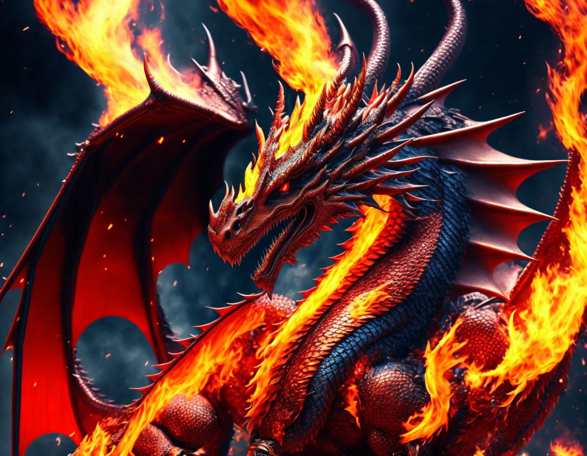 Red-Orange Dragon Surrounded by Flames on Dark Background