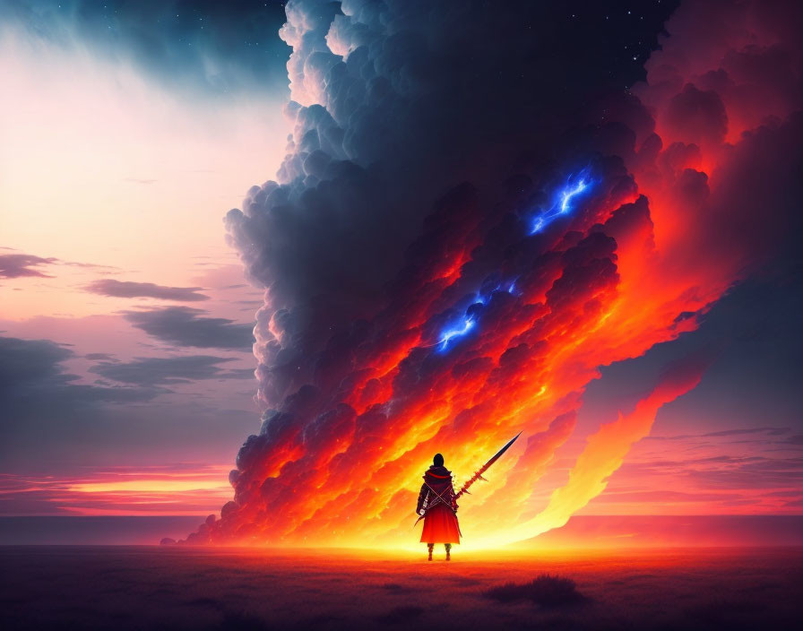 Samurai facing fiery cloud with blue sword at sunset