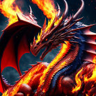 Red-Orange Dragon Surrounded by Flames on Dark Background