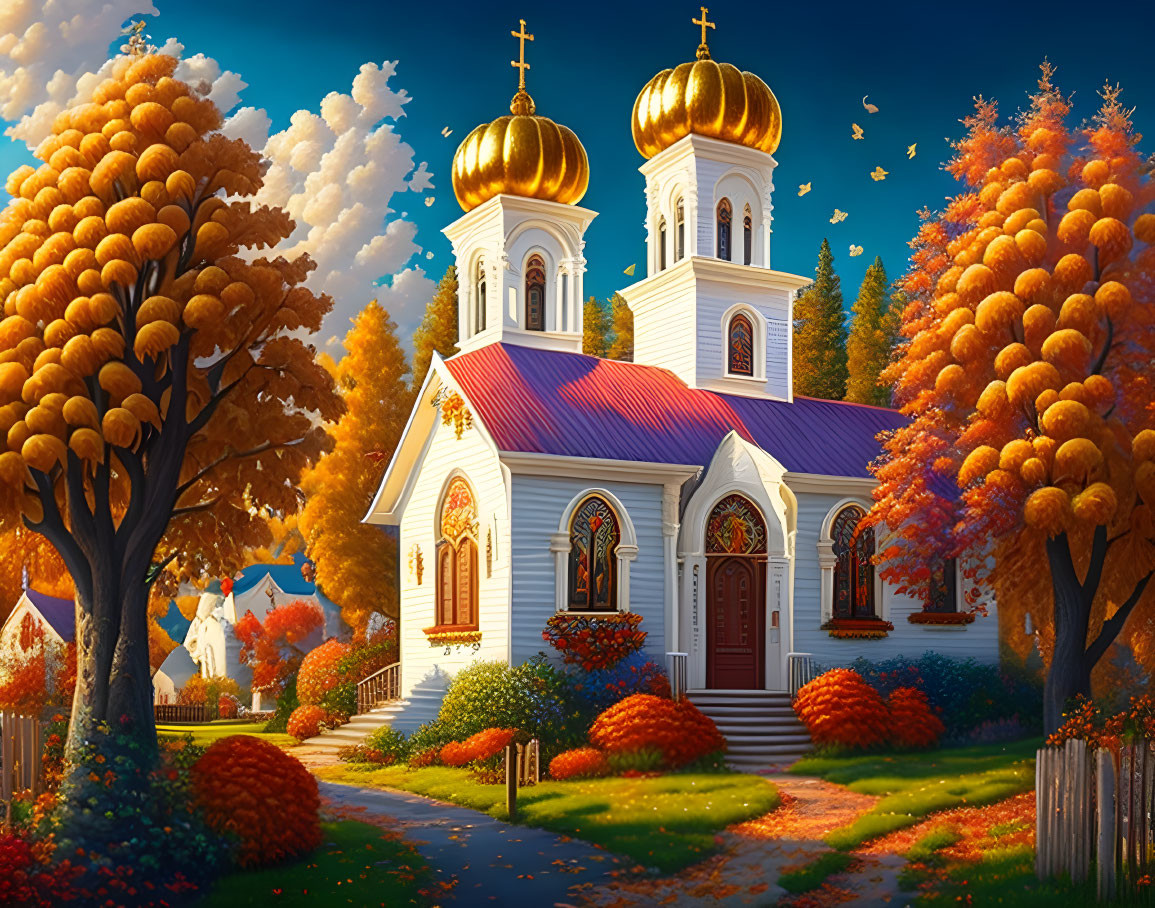 White church with golden domes in autumn landscape with vibrant orange trees under blue sky