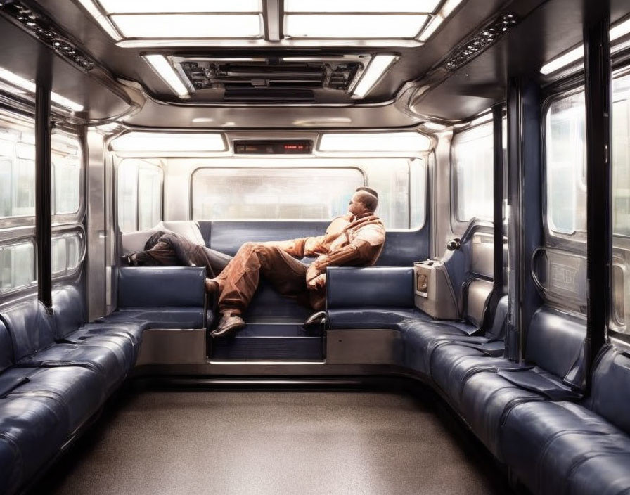 Person resting with legs up on blue train seats in well-lit compartment