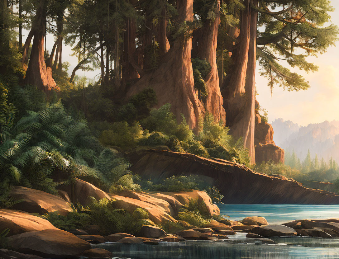 Tranquil forest landscape with redwood trees, ferns, rocks, and reflective river