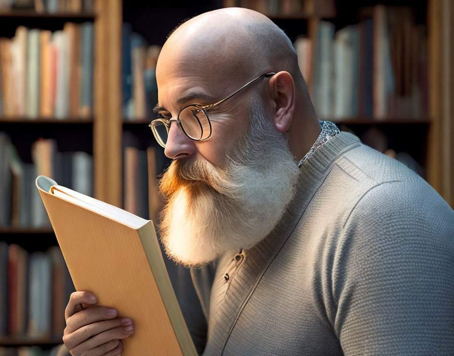 Bearded Man Reading Book Against Bookshelves