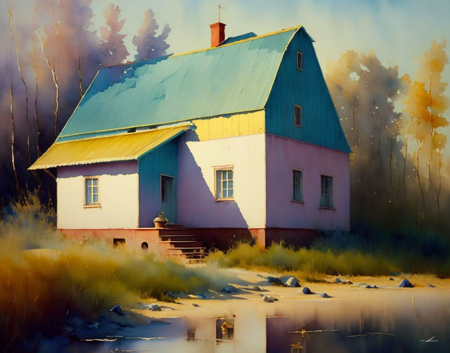 Vibrant painting: Two-story house with blue roof and yellow eaves in sunny setting