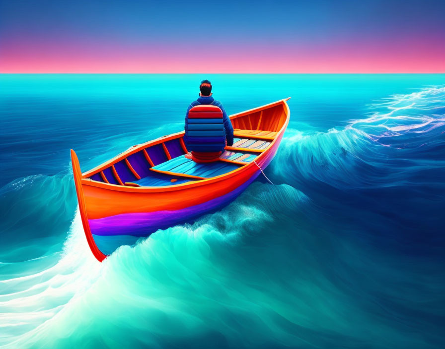 Vibrant orange boat surfing blue wave under pink and blue sky