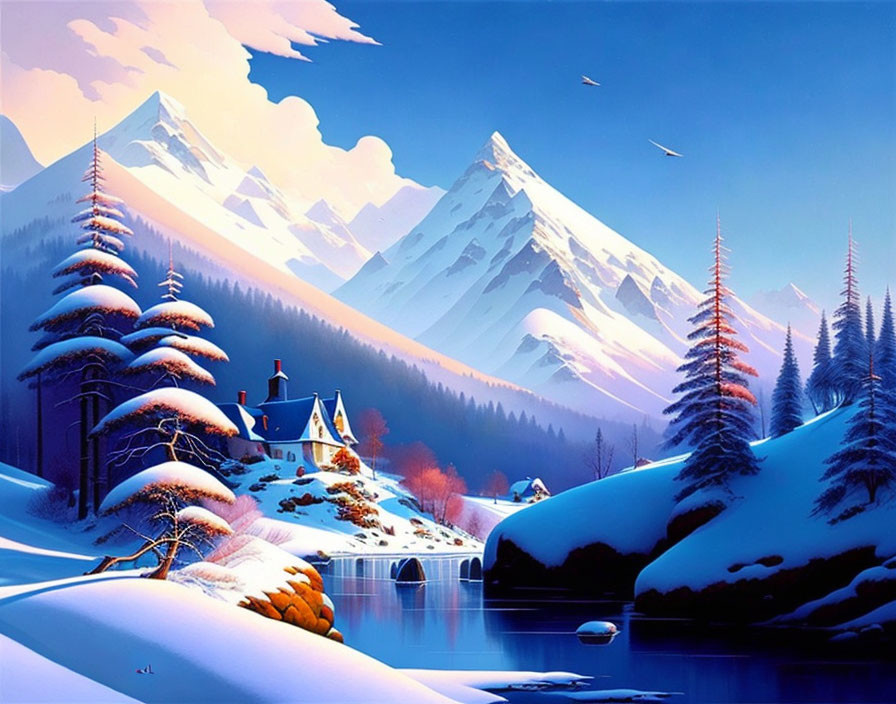 Winter landscape painting: cottage, snow-covered trees, river, mountains, blue sky