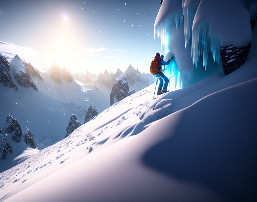 Climber with ice axe on snowy slope near ice formation, mountain peaks in background at sunrise