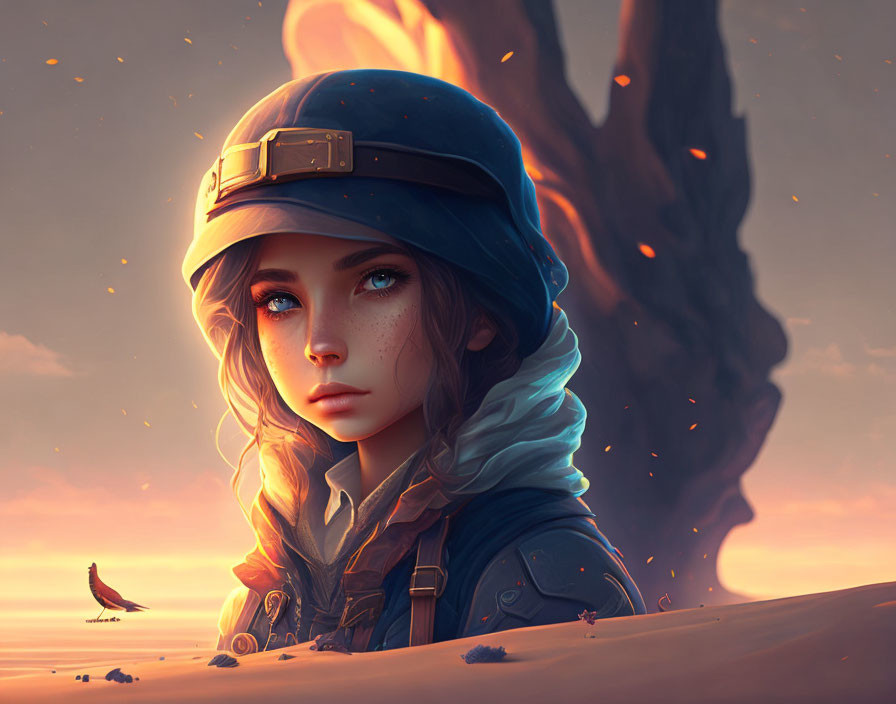 Young girl in helmet with blue eyes near bird on sandy terrain