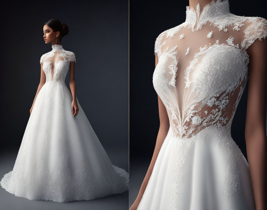 White Wedding Dress with Lace Embroidery and High Neckline