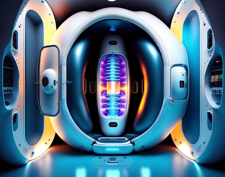 Futuristic capsule with open door and glowing blue energy core