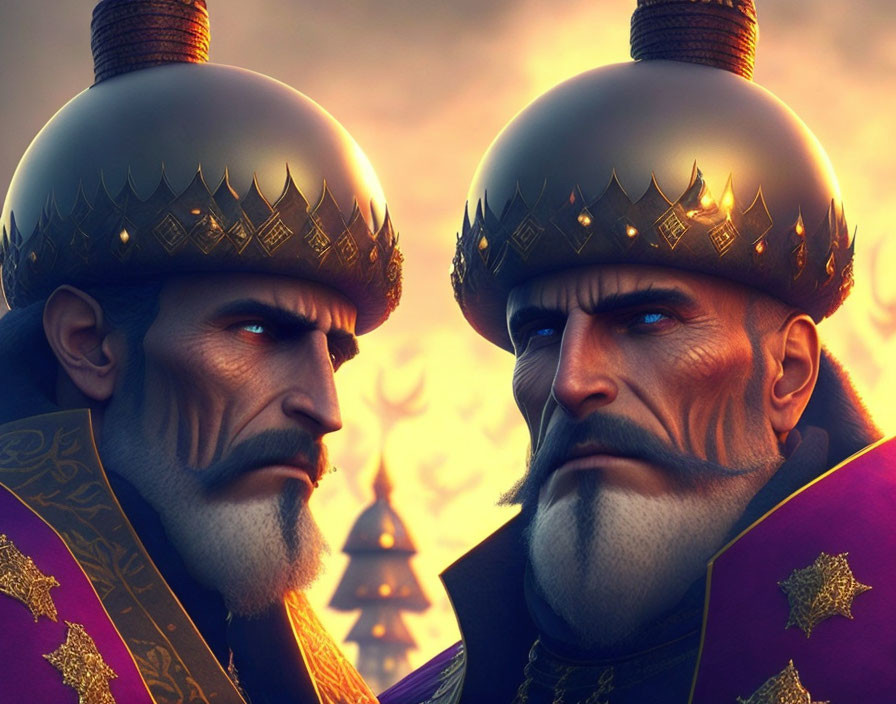 Animated male characters in elaborate helmets and purple cloaks with stern expressions against a dusk sky