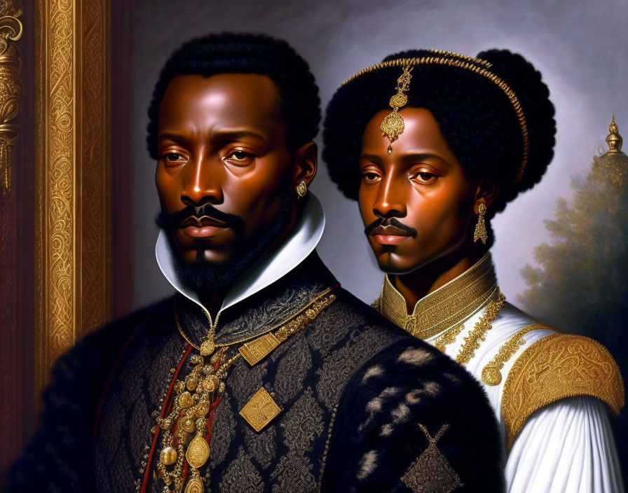 Two individuals in regal attire with intricate details in a historical or fantasy theme.