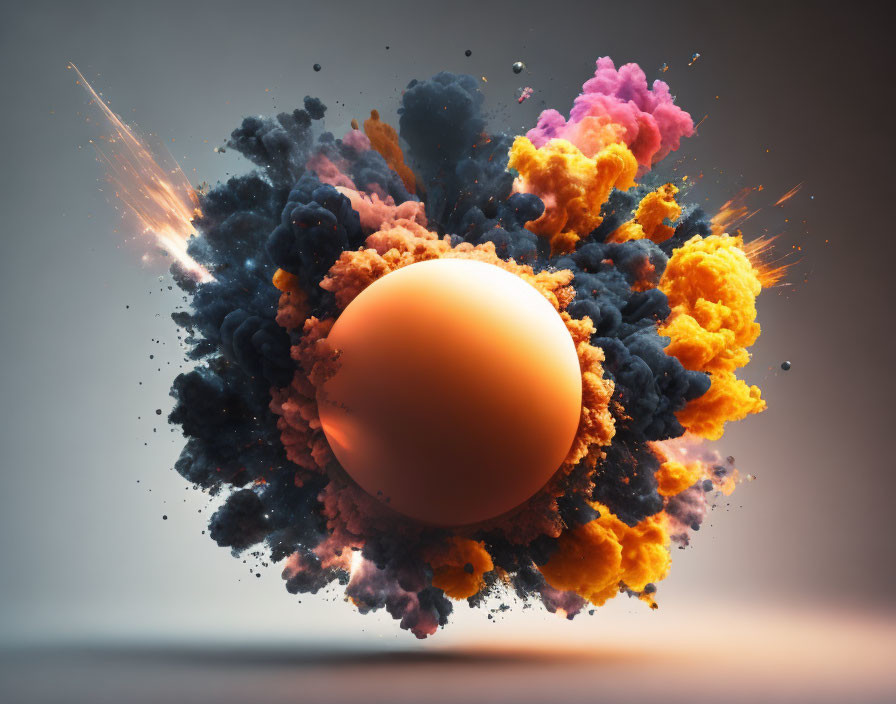 Colorful Digital Artwork: Central Sphere with Vibrant Smoke Plumes