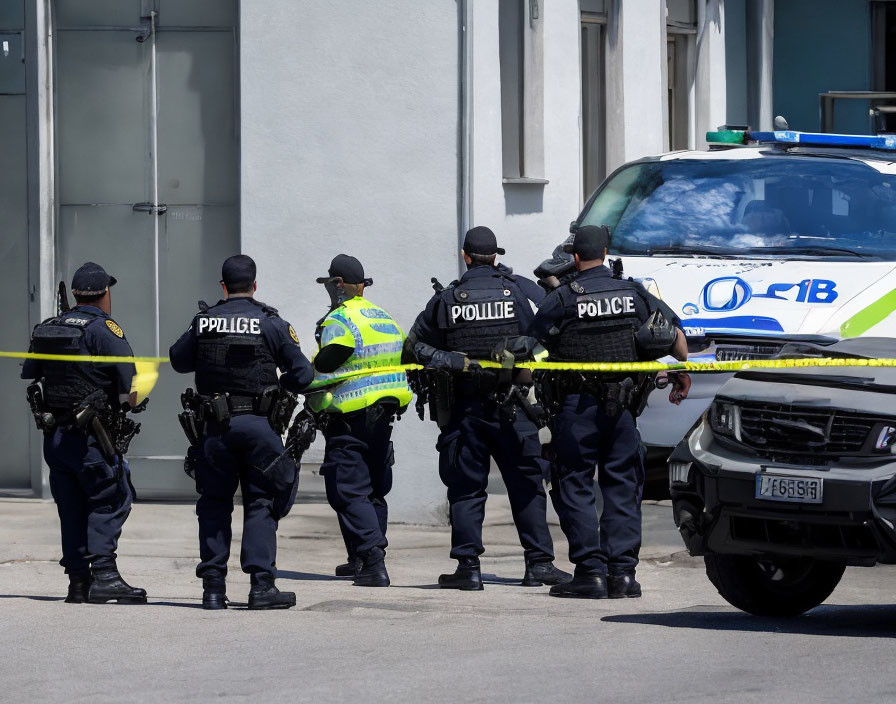 Uniformed police officers behind yellow police tape at secured scene with police vehicles.