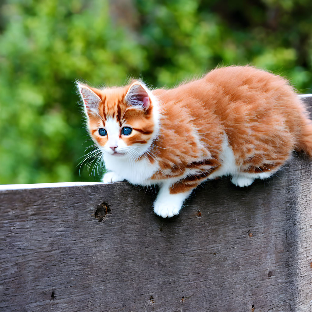 Orange and White Kitten with Blue Eyes on Wooden Ledge