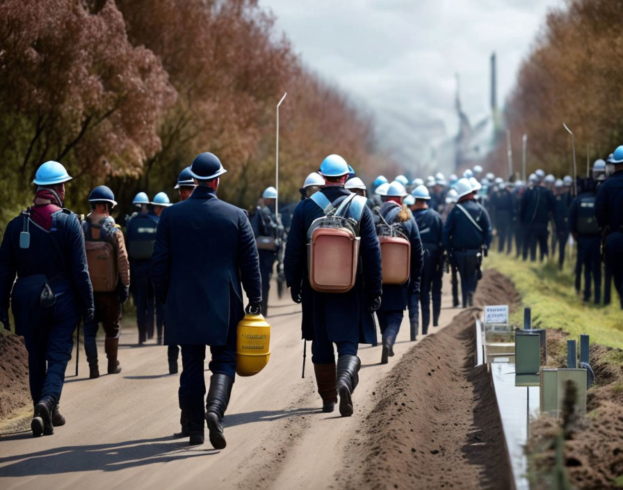 Workers in hard hats and high-visibility clothing heading to industrial site.