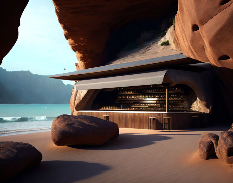 Modern bar in rocky cave by sandy beach with view of tranquil blue waters