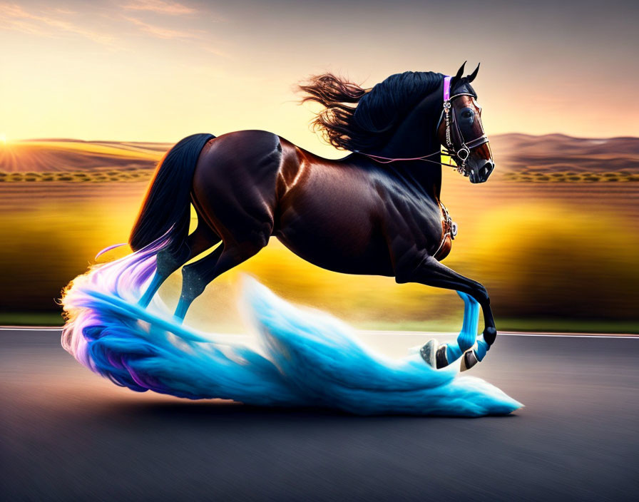 Colorful Mane Horse Galloping with Blue Flames on Dusk Road