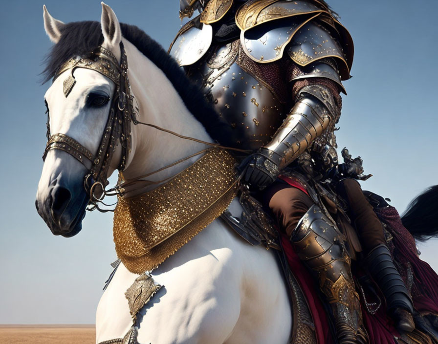 Knight in ornate armor on white horse with golden embellishments under clear sky