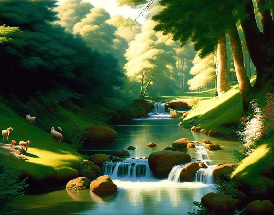 Tranquil forest landscape with waterfall, stream, greenery, and grazing sheep.