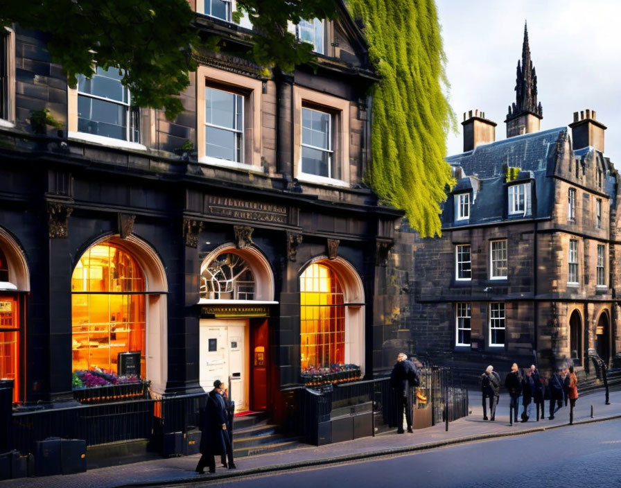 Busy street at dusk with classic building, people, and lush tree