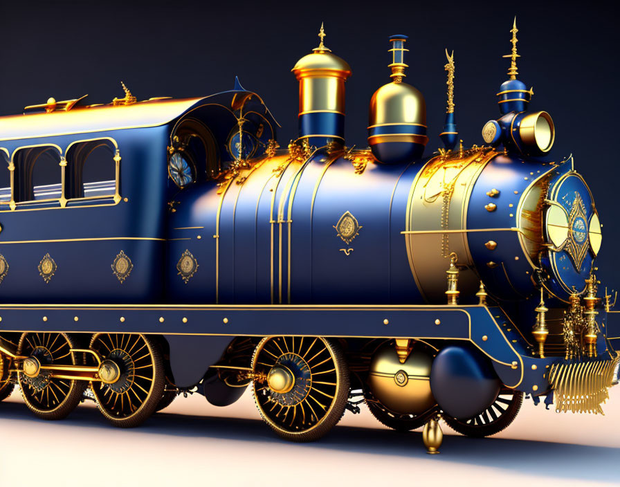 Steampunk-style locomotive with gold detailing on dark background