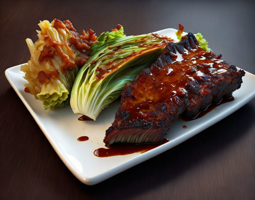 Tender barbecued ribs with glossy sauce, seasoned fries, and lettuce on white plate