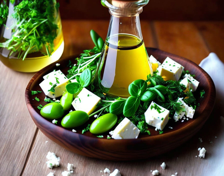 Wooden Plate with Feta Cheese, Basil, Olives, and Herbs on Table