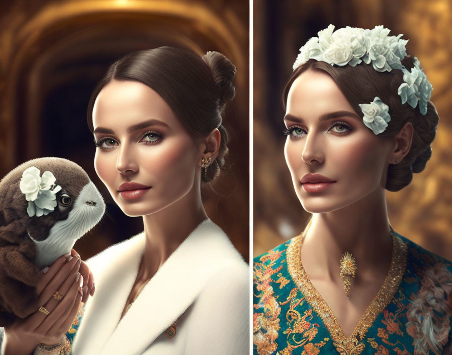 Digital artwork featuring woman in elegant outfits with flower crown and bird.