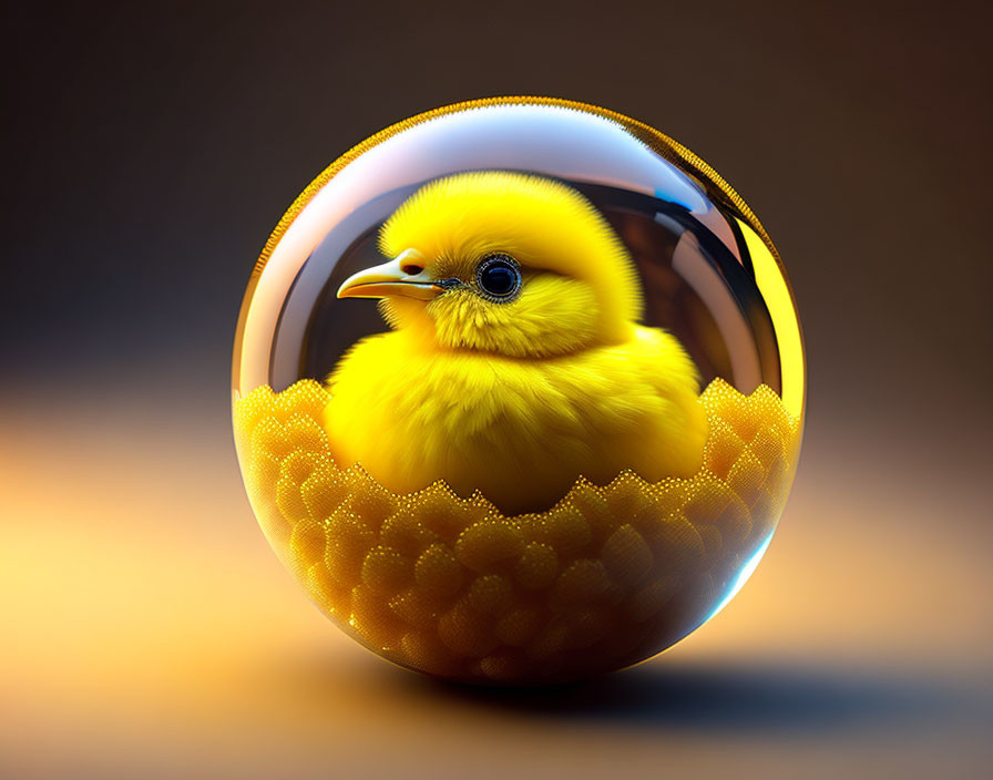 Fluffy yellow chick in textured bubble on soft background